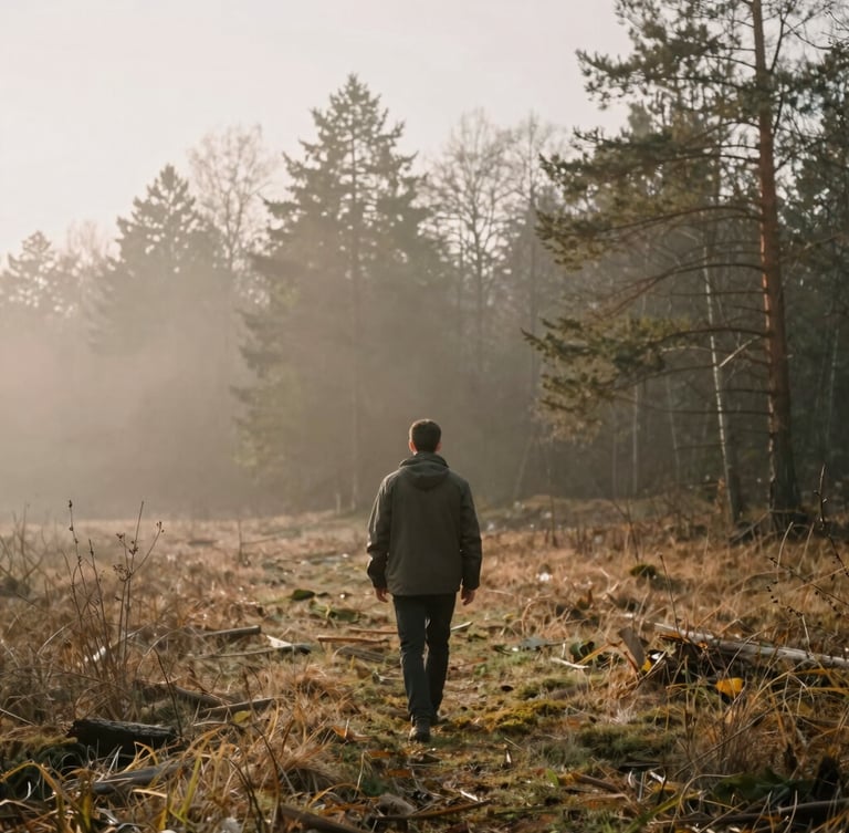 Wide environmental shot of Eugen Mîrtz walking through a quiet, misty Romanian forest at golden hour, soft diffused daylight, muted earth tones.