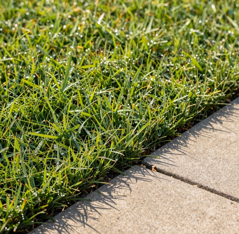 Close-up of freshly cut lawn edges meeting a concrete walkway, dew on grass, bright morning sunlight, sharp focus, 35mm
