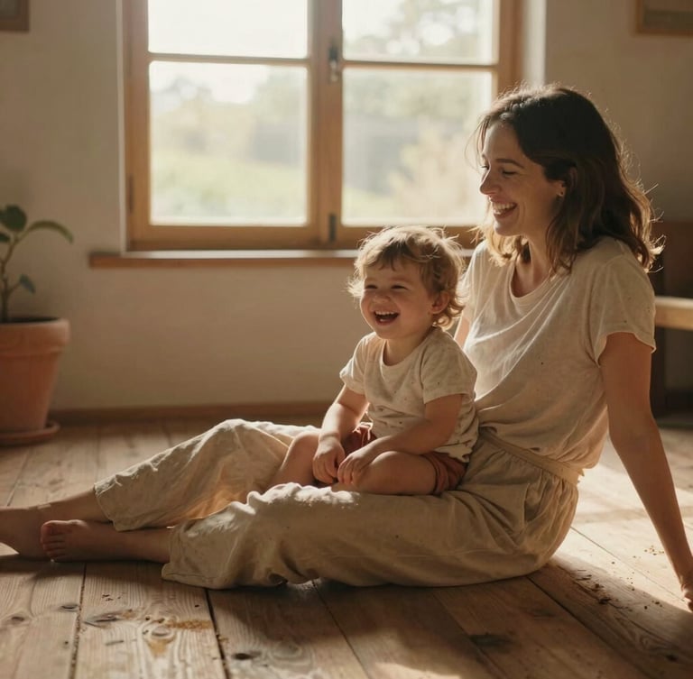 Intimate portrait of a mother laughing with her toddler on a rustic wooden floor, warm natural window light, soft focus, candid cinematic interaction.