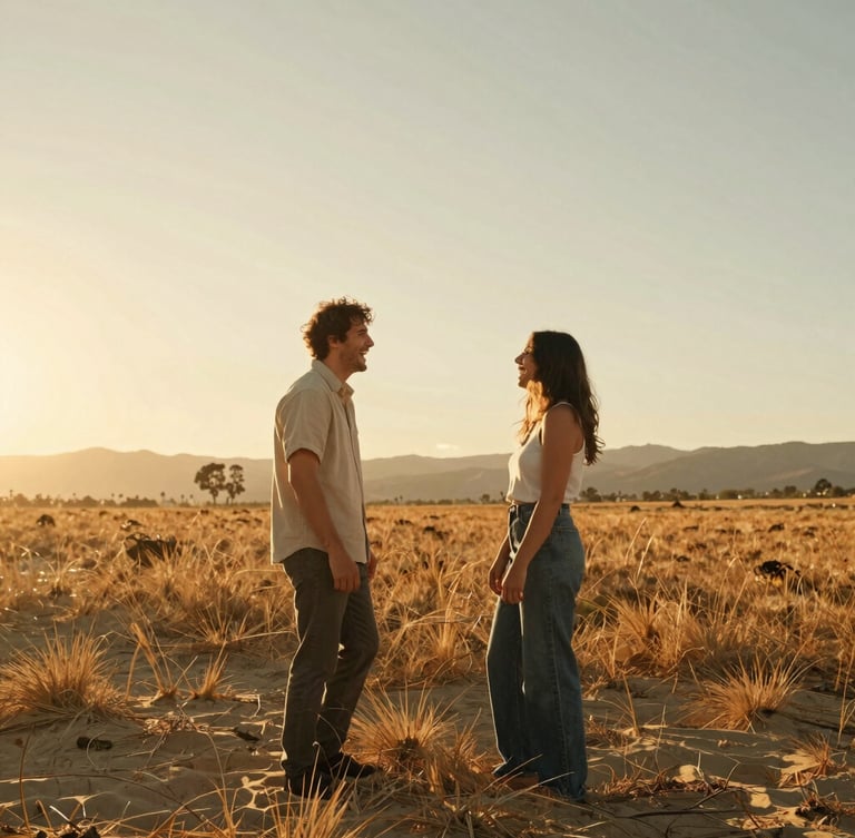 A candid wide shot of a couple laughing together in a sun-drenched California meadow at golden hour, warm backlighting, cinematic 35mm film style.