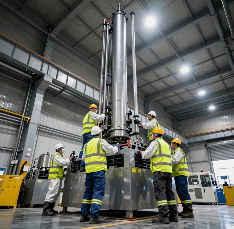 Low-angle heroic shot of a professional industrial cleaning crew in high-visibility vests and PPE, working on heavy machinery inside a vast, well-lit warehouse. High-contrast industrial lighting, cool steel tones with safety yellow accents, wide-angle lens.