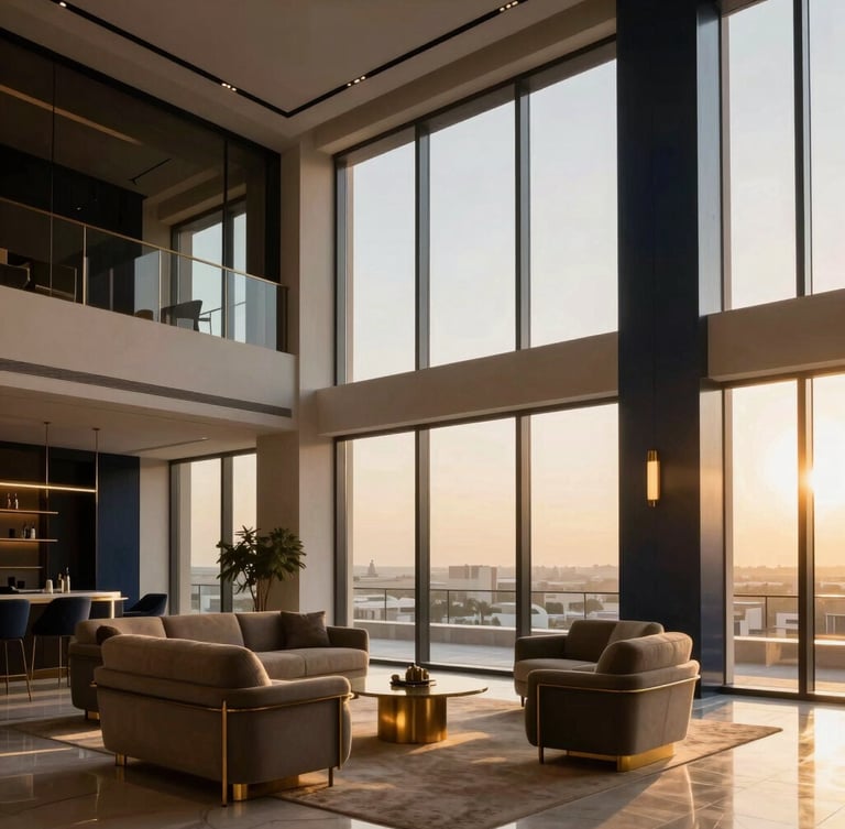 Wide-angle architectural interior of a modern luxury apartment in Riyadh, warm golden-hour sunlight streaming through floor-to-ceiling windows, minimalist premium furniture with brass accents, high-contrast, 35mm lens.
