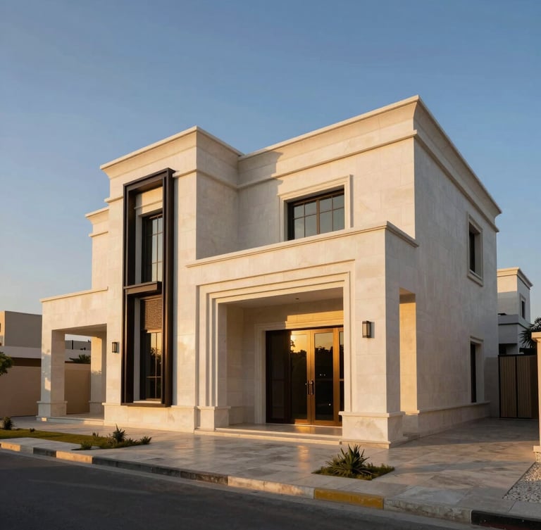 Wide-angle architectural perspective of a contemporary Saudi villa exterior at golden hour, warm sunlight reflecting off clean white stone and dark metal accents, negative space on the left.