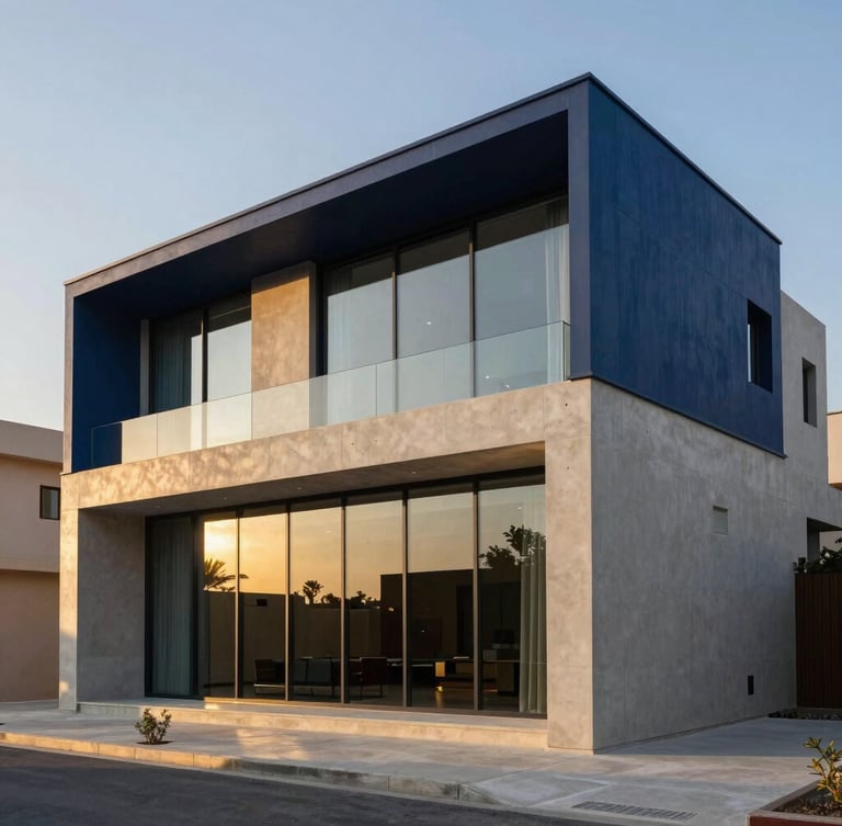 Wide architectural shot of a modern luxury Saudi villa, golden hour sunlight reflecting off clean concrete and glass facade, deep navy accents, high-contrast, premium look.