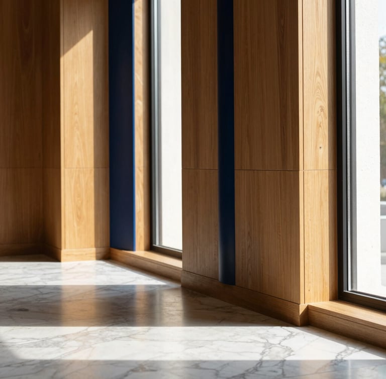 Close-up of premium interior architecture, natural afternoon sunlight streaming through high windows onto marble floors and warm oak panels, minimalist luxury