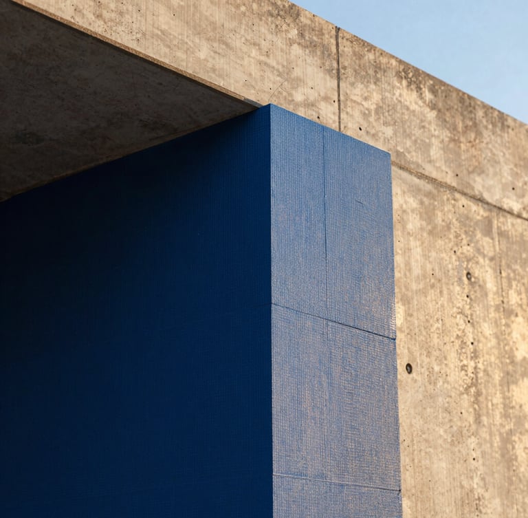 A detailed close-up of premium blue thermal insulation boards being installed on a concrete wall structure, golden-hour light highlighting the architectural precision.
