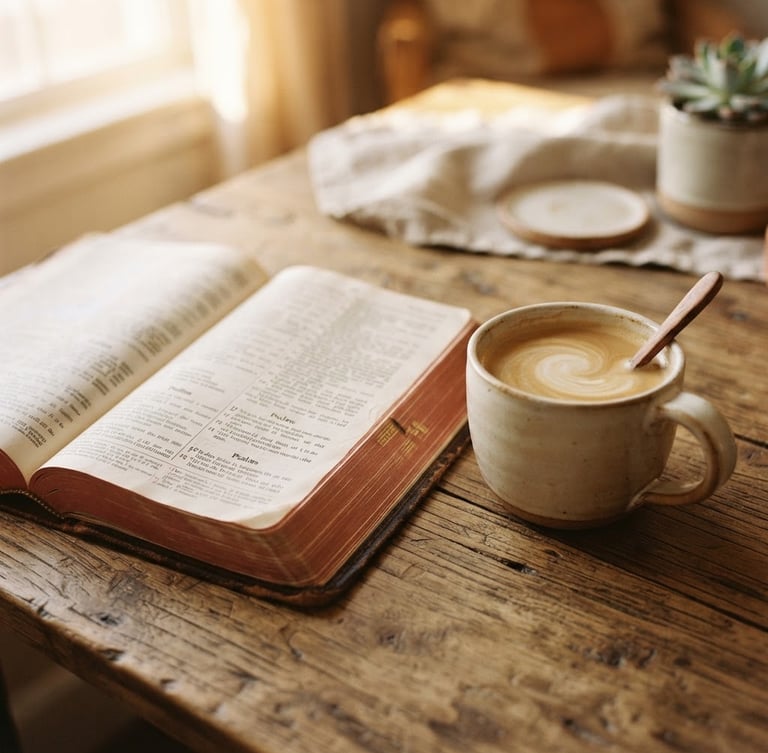 Intimate close-up of an open bible and a warm mug of milky coffee on a wooden table, soft morning golden hour light, serene mood, earthy pastel tones