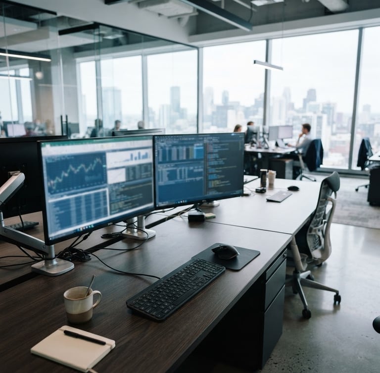 Wide panoramic view of a modern, clean corporate office interior at cool daylight, focusing on a dual-monitor workstation with blurred structured data charts on screens, a keyboard in the foreground, sharp focus, 35mm.