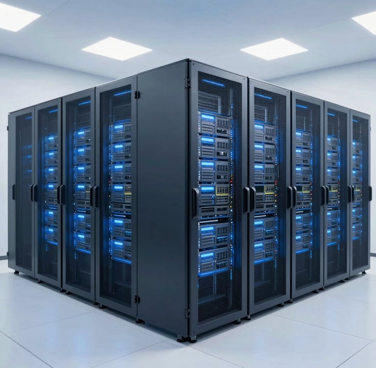 Wide shot of a modern, clean server room with rows of glowing server racks, cool blue lighting, sharp focus, clean editorial photography, bright cool daylight, clinical blue and slate tones, high-end corporate office, 35mm