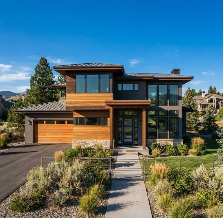 Wide-angle architectural exterior of a modern, well-maintained residential home in Idaho, clean lines, bright natural afternoon sunlight, crisp shadows, blue sky background, 35mm lens.