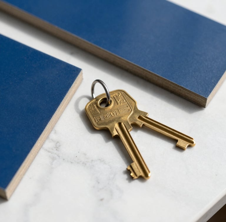 Close-up of high-quality architectural materials and brass keys on a clean marble countertop, bright natural daylight, sharp focus