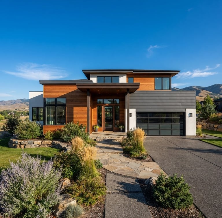 Crisp architectural photograph of a modern residential home exterior in Caldwell Idaho, bright natural afternoon sunlight, deep blue sky, sharp focus