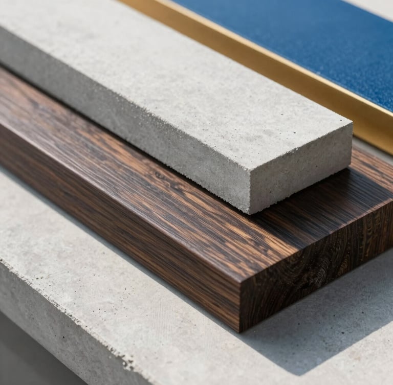 Close-up of high-quality architectural materials, clean concrete and dark wood textures, bright natural daylight, sharp focus, professional real estate setting.
