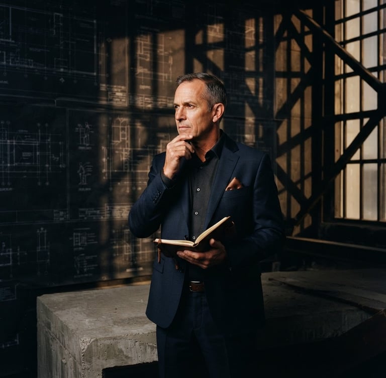 Low-key dramatic architectural portrait of a director in a dark navy suit against a background of sharp geometric shadows and technical blueprints, warm copper lighting highlights, 35mm.