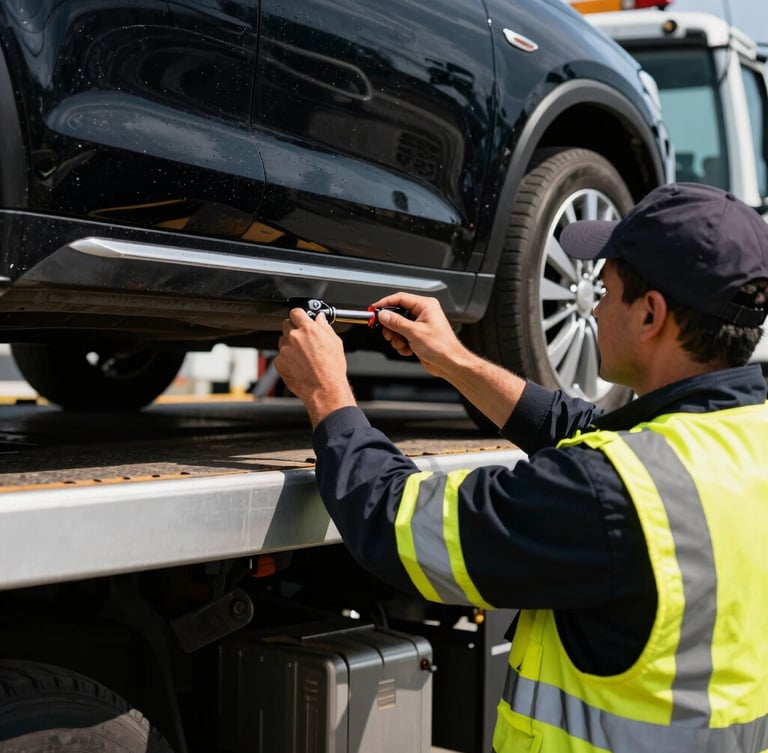 Close-up of a professional tow truck operator in safety gear, securing a vehicle on a flatbed, focused on hands and equipment, high-contrast outdoor daylight, sharp focus.