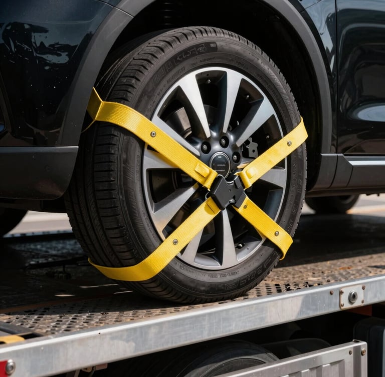 Close-up of heavy-duty yellow tie-down straps securing a car wheel onto a modern metal flatbed tow truck, high-contrast industrial lighting, sharp focus