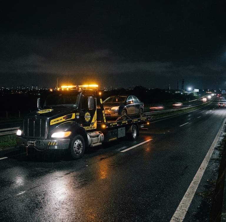 Caminhão-guincho moderno de plataforma, com luzes de emergência acesas, em rodovia noturna. Foco no caminhão, com o horizonte baixo e espaço negativo à esquerda. Estilo: fotografia automotiva dramática, alto contraste, tons preto e amarelo, foco nítido.
