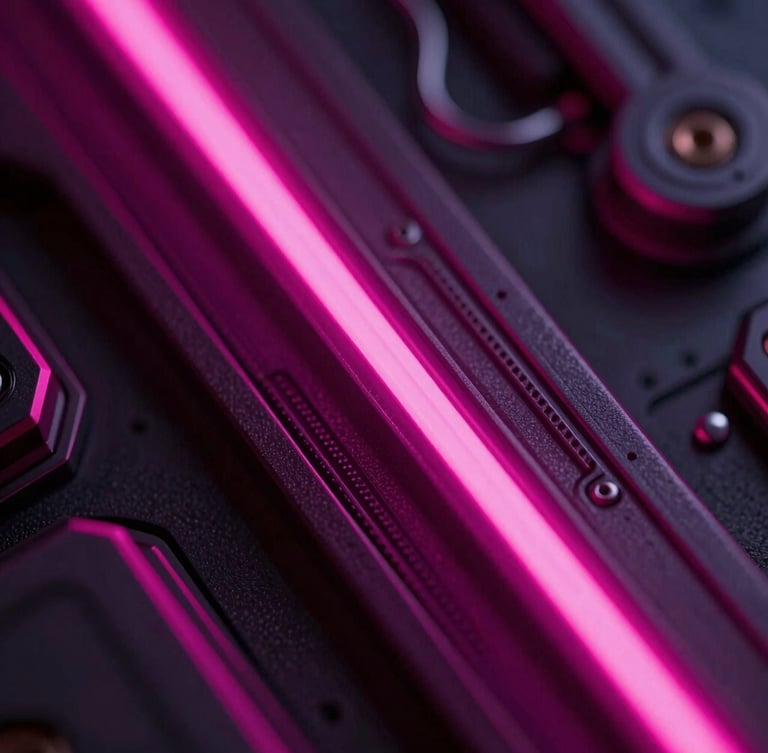 Macro close-up of a high-fidelity digital art render with sharp neon magenta lighting, hyper-detailed tech textures, dark background