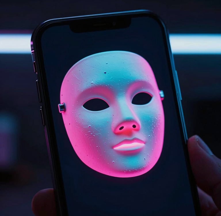Tight macro shot of a glowing smartphone screen displaying a hyper-detailed neon pink and cyan 3D face-tracking AR mask, moody dark studio background with LED backlighting.