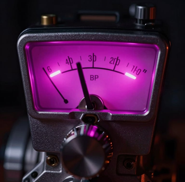 Macro close-up of a professional solid-state compressor in a dark studio, glowing electric magenta LED meters, sharp metallic knobs, low-key ambient lighting.