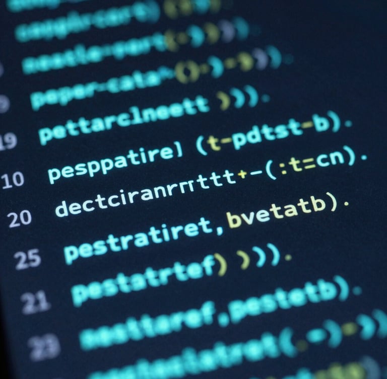 Close-up capture of a custom software interface showing lines of code with glowing neon cyan highlights, low-key ambient lighting