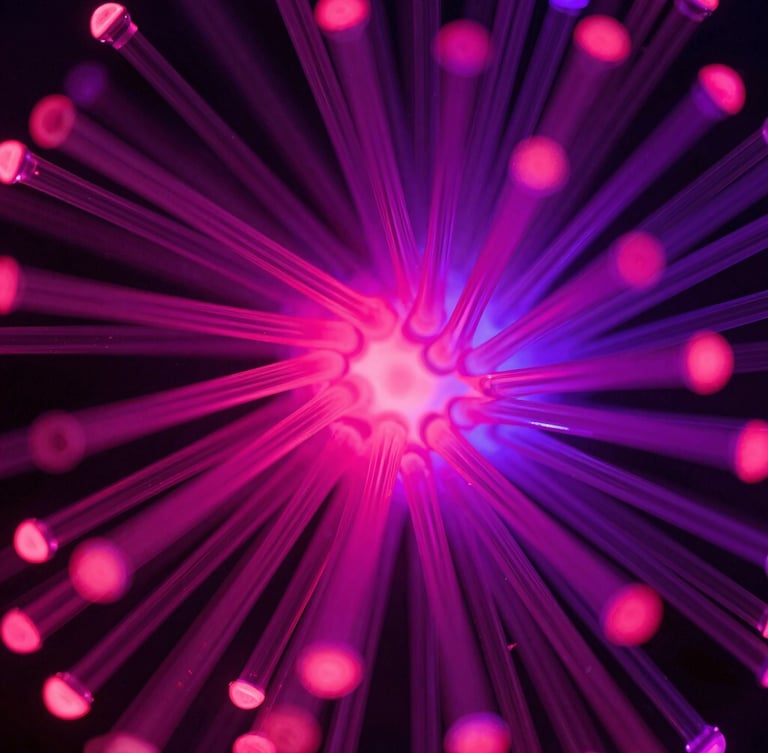Macro close-up of a complex generative digital artwork, intricate glowing fiber-optic threads, neon magenta and deep purple light, ultra-detailed glass textures