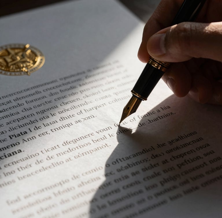 Tight macro shot of a fountain pen signing a complex constitutional amparo document, dramatic side-lighting, high-contrast shadows, gold accents on paper, 35mm