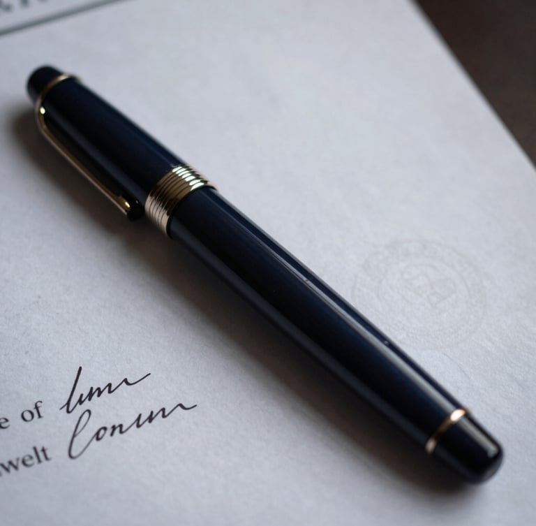 Sharp close-up of a high-quality fountain pen resting on a signed legal document with a faint official seal, dramatic side-lighting, deep navy tones, 35mm