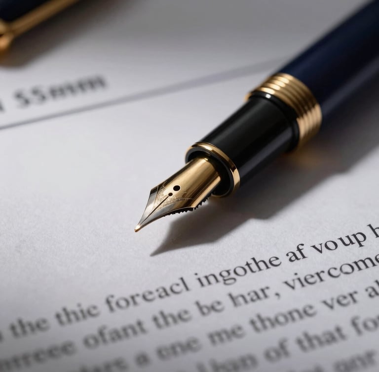 Tight macro shot of a high-quality fountain pen resting on signed legal documents, dramatic side-lighting, deep navy and gold tones, 35mm