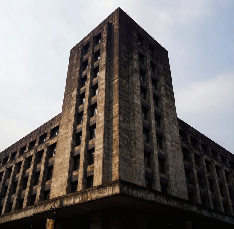 Low-angle dramatic editorial of the Suprema Corte de Justicia building in Mexico City, overcast sky, imposing modern concrete architecture, high contrast, 35mm