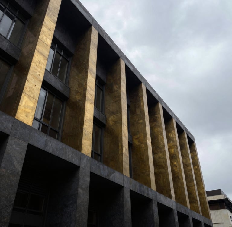 Low-angle dramatic editorial photography of a modern courthouse facade in Mexico City, overcast sky, sharp architectural lines, 35mm