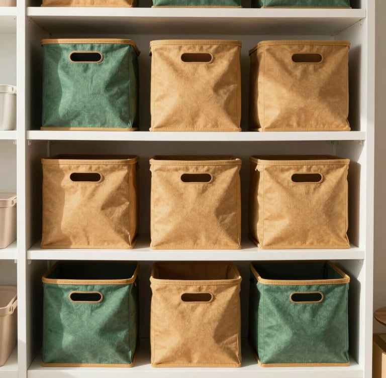 Straight-on eye-level shot of highly organized pantry shelves with modular canvas storage bins and warm amber accents, bright natural morning light