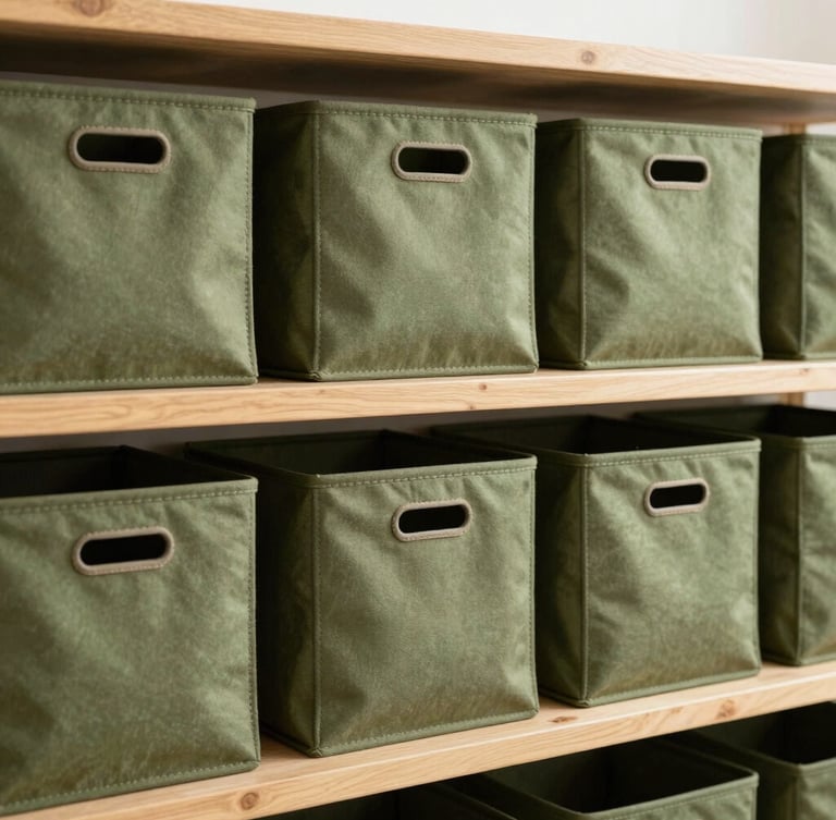 Eye-level editorial photo of modular olive green canvas storage bins neatly arranged on a solid oak shelf, bright morning light, crisp details.