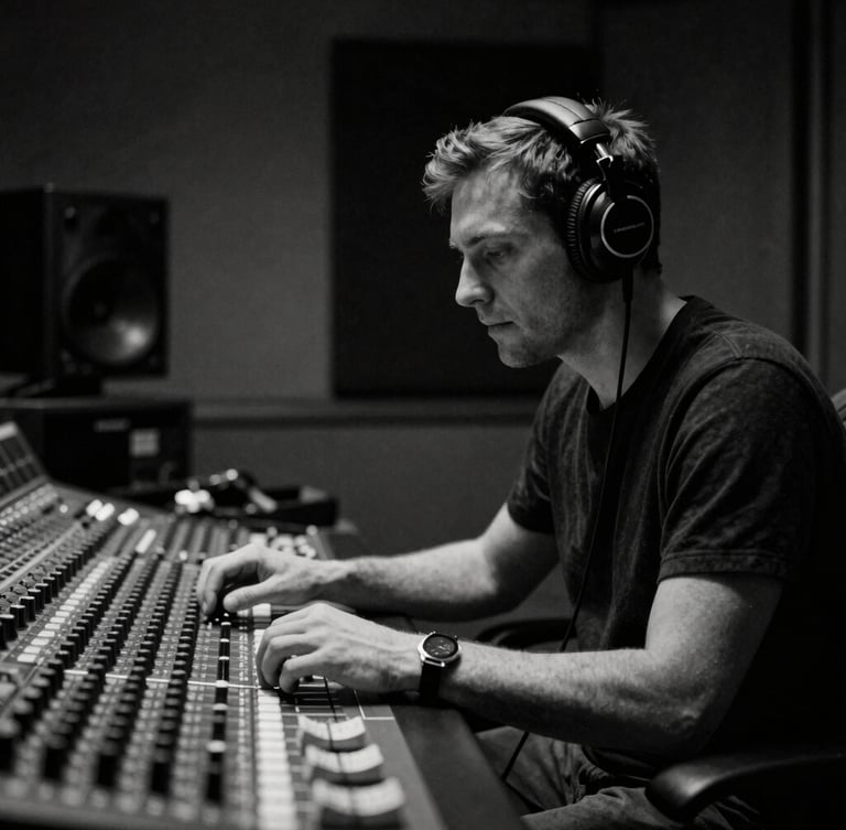 Moody, candid black and white portrait of a sound engineer wearing headphones, looking intently at a mixing console in a dimly lit studio