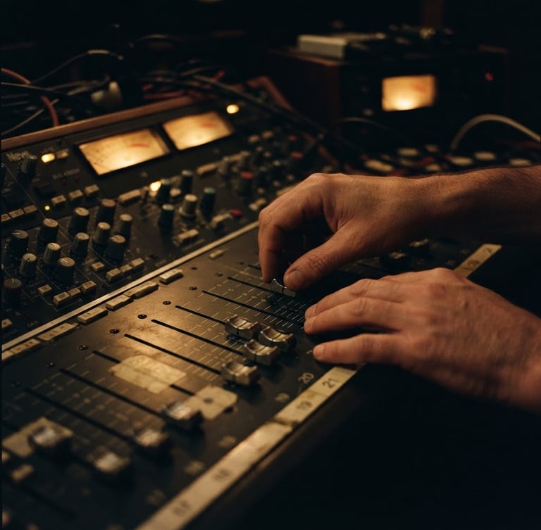 Low-key dramatic close-up of hands adjusting analog faders on a large mixing console, warm golden meter glow, deep shadows, 35mm film grain