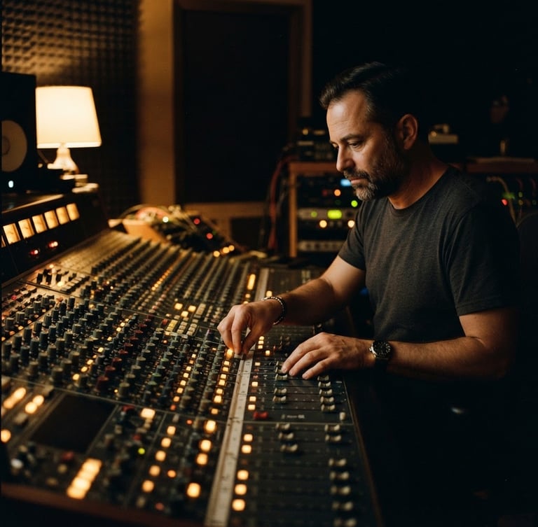 Moody, low-key portrait of an engineer adjusting faders on a large analog console, warm gold console glow, deep shadows, rich dark tones, 35mm film grain, side-lighting