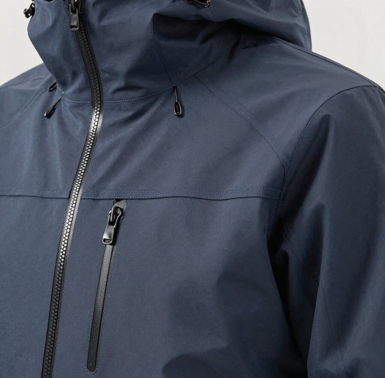 A close-up of a technical waterproof shell jacket showing precise laser-cut pocket edges and heat-sealed zippers, bright clinical lighting, neutral gray background.
