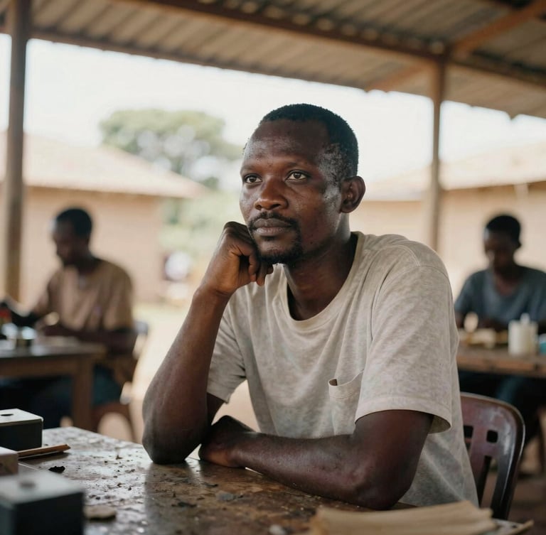 Warm editorial portrait of a Zimbabwean founder in a sunlit Harare workspace, looking thoughtful, documentary style, 35mm
