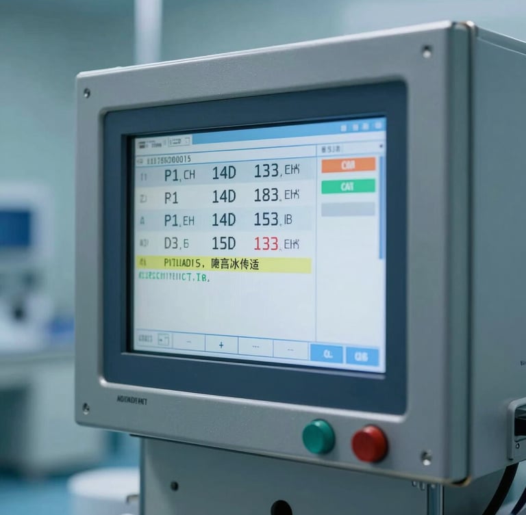 Macro shot of a sterile pharmaceutical cleanroom control interface, blue-tinted ambient light, sharp digital display showing validation system status, stainless steel enclosure.