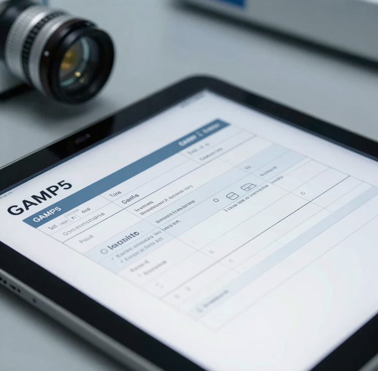Macro shot of a high-precision digital tablet displaying a GAMP5 compliance checklist and validation charts in a sterile laboratory environment, cool white lighting