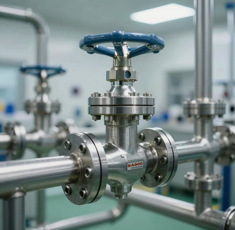 Close-up of high-purity water system stainless steel piping and sanitary valves in a pharmaceutical facility, cool sterile lighting