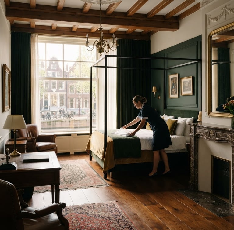 Architectural portrait of an elegant Amsterdam canal house suite, soft natural daylight illuminating polished wood surfaces, a professional housekeeper in a neat dark uniform arranging linen in the background, 35mm lens.