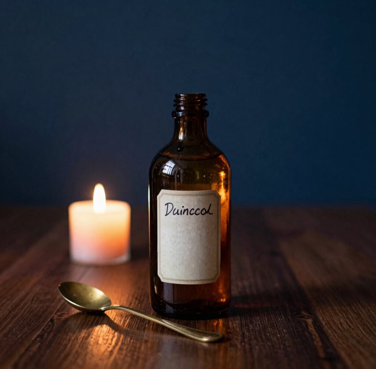A single vintage amber glass bottle with a hand-labeled tag, sitting on a dark oak table next to a brass spoon, warm candle light, moody shadows