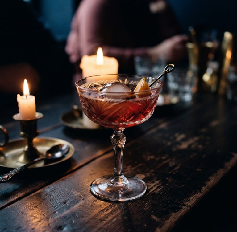 Moody close-up of a cocktail in vintage glassware on a dark wooden table, warm candle-light glowing from behind, antique brass details, deep blue shadows, 35mm film style