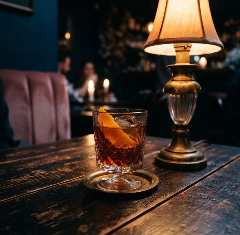 Moody editorial photography, warm candlelight, deep blue and dusty rose tones, vintage brass accents, 35mm film. Close-up of a low-lit wooden table at Therapy Cafe, a single cocktail in vintage glassware beside an antique bronze lamp, soft velvet textures in the background, amber incandescent glow, high contrast with deep shadows.