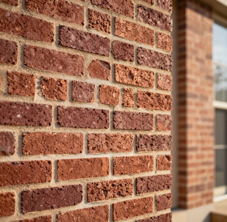 Close-up of raw brickwork and architectural details of a historic Mississippi renovation under natural daylight, warm tones, sharp depth of field.