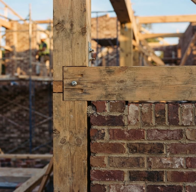 Close-up of raw timber and brick craftsmanship on a Macon construction site, warm golden-hour Mississippi light, sharp depth of field, 35mm lens