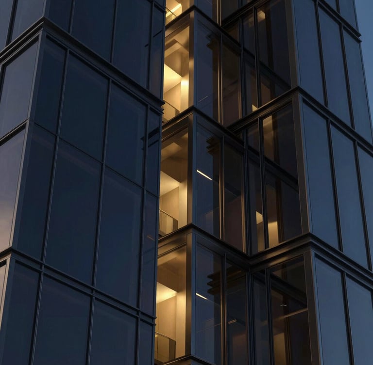 Premium 3D render of rising architectural glass structures reflecting deep navy and gold ambient lighting, sleek minimalist luxury aesthetic, cinematic composition.