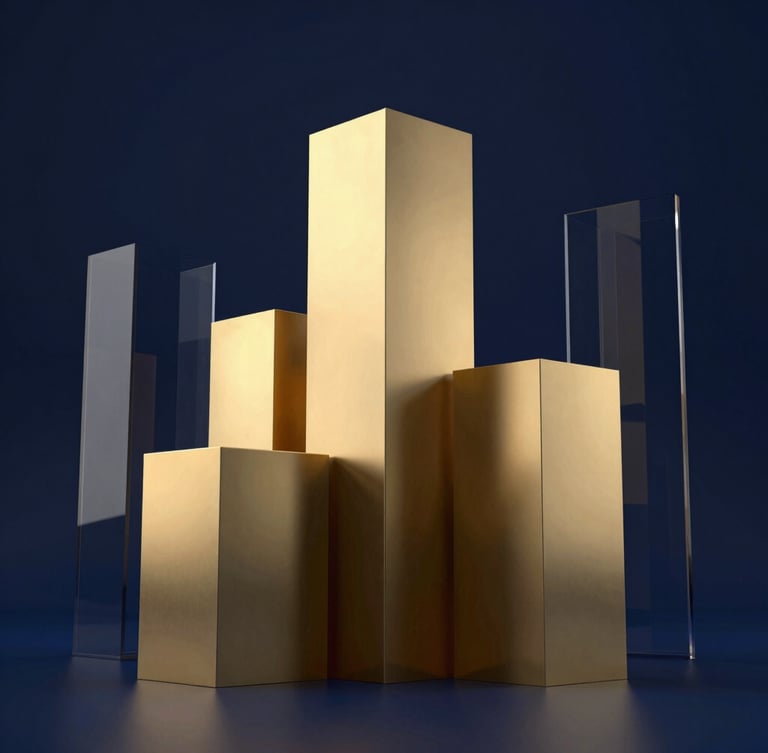 A premium 3D render of rising geometric gold pillars against a deep navy architectural background, dramatic low-key studio lighting, gold and deep blue ambient glows, cinematic.