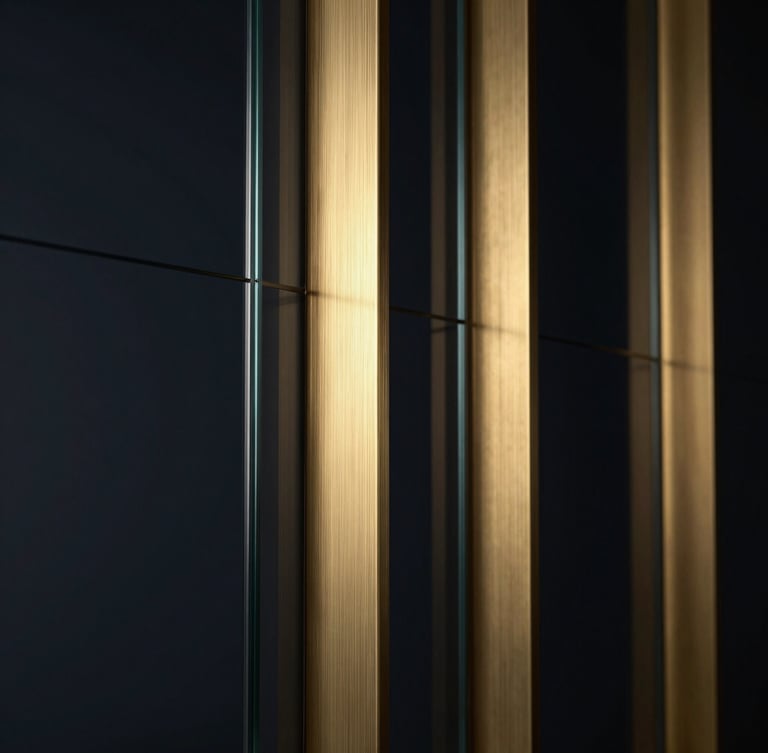 Macro close-up of dark glass panels and brushed brass pillars, dramatic low-key studio lighting with soft gold glow, premium 3D render